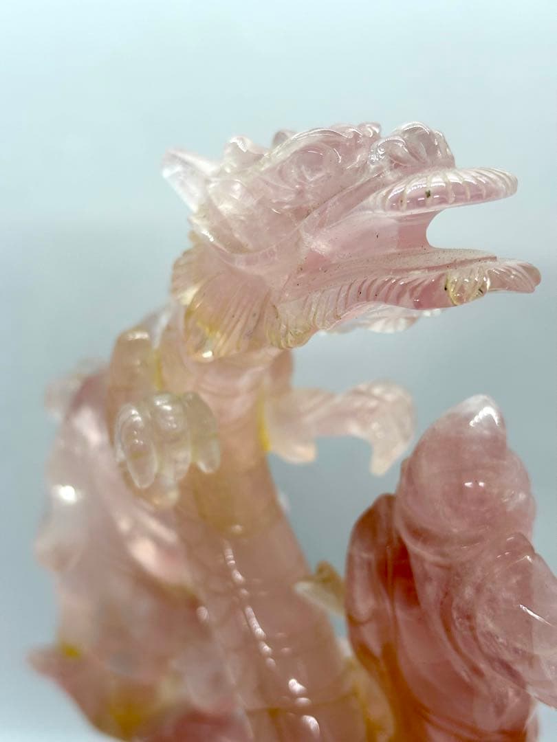 #甲州貴石細工 天然紅水晶（ローズクォーツ） 『龍と恵比寿大黒像』