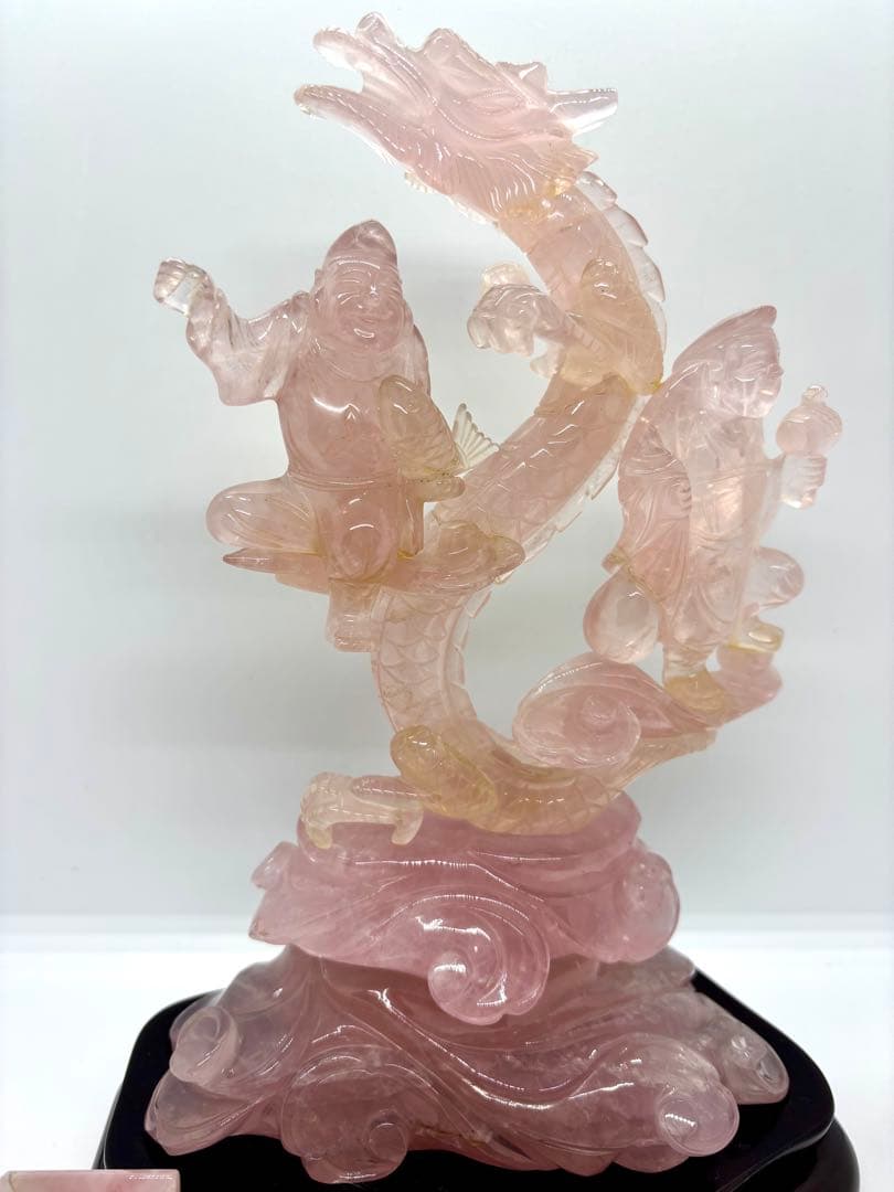 #甲州貴石細工 天然紅水晶（ローズクォーツ） 『龍と恵比寿大黒像』