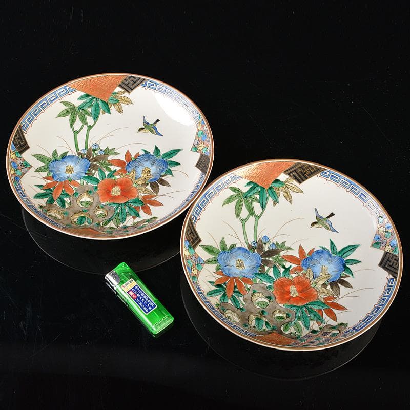 九谷焼　九谷庄三作　色絵　花鳥文　飾皿　一對　M　R5305