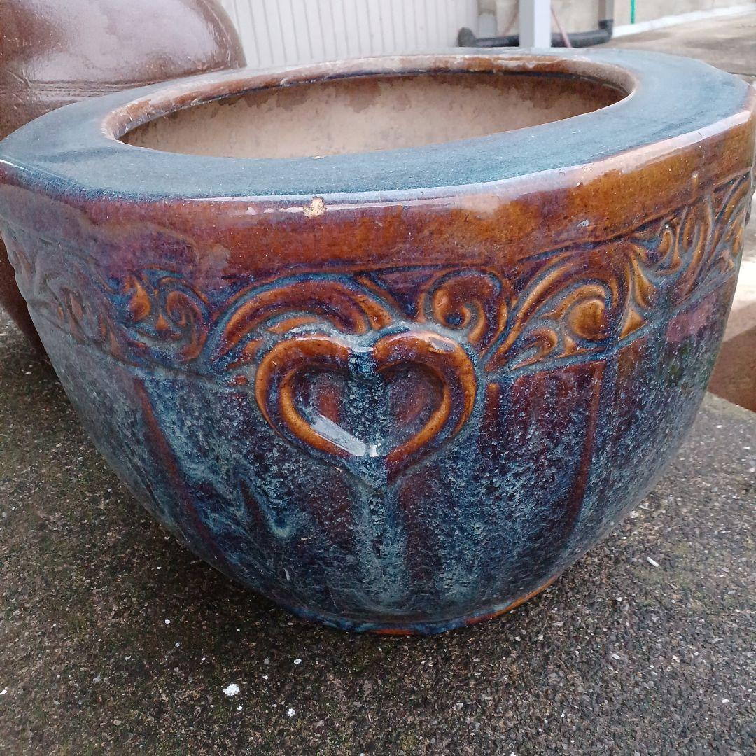 青茶火鉢　水鉢　花鉢　メダカ鉢