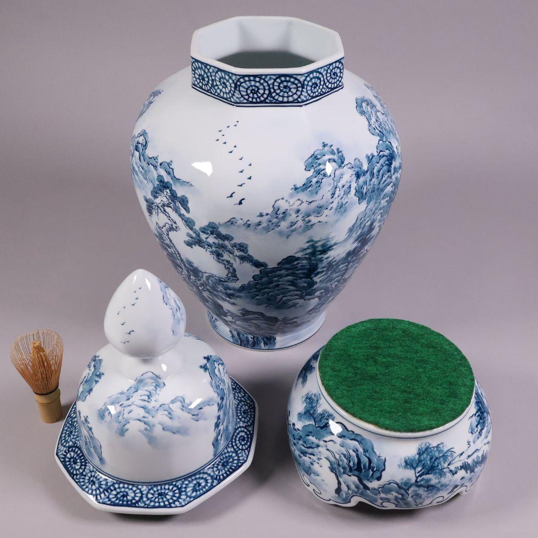 有田焼 勝右衛門 染付 沈香壷 69.3cm 山水蛸唐草 壺 飾壷【CM207】