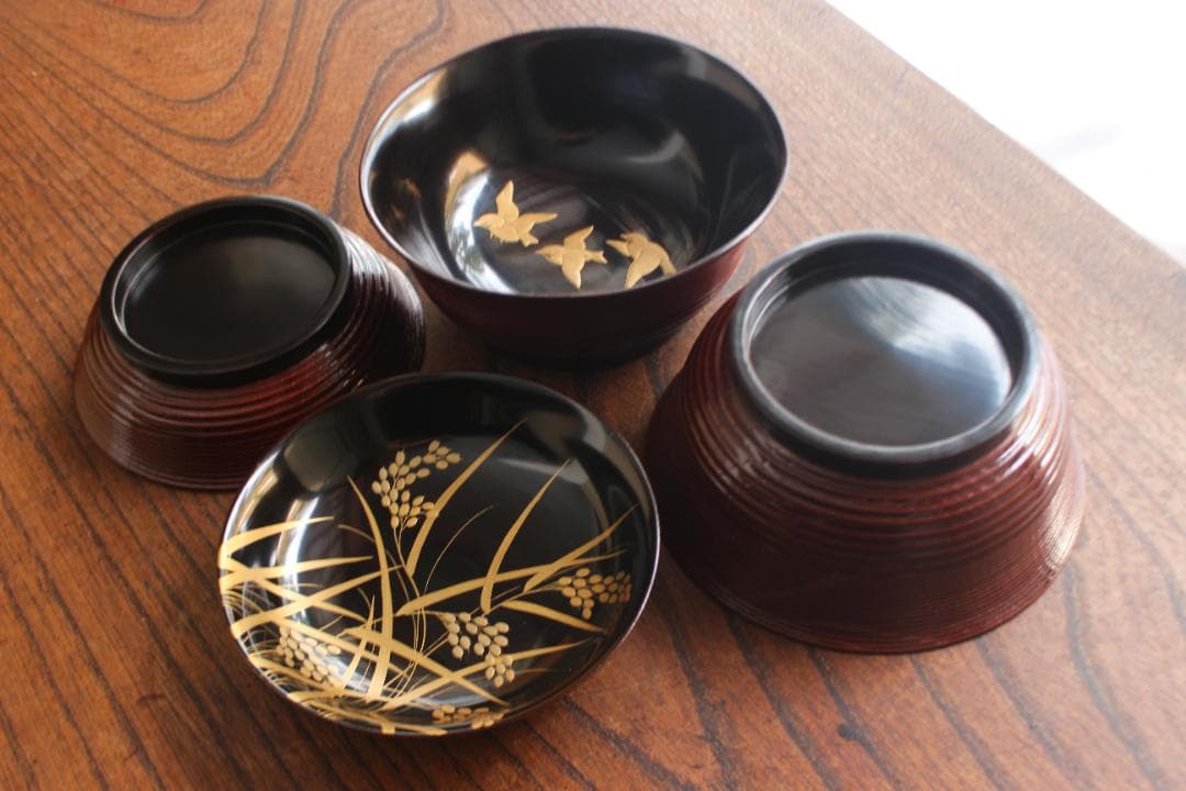 デッドストック！風情ある糸目地に優美な雀稲穂蒔絵の映えるお椀2点（検蒔絵椀雑煮椀