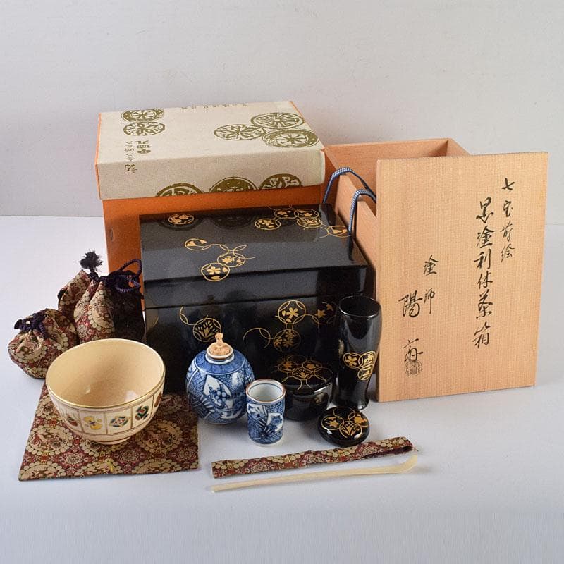 茶道具　岡本陽斉作　七宝蒔絵　利休茶箱　棗など　八点一式　共箱　U　R9271B