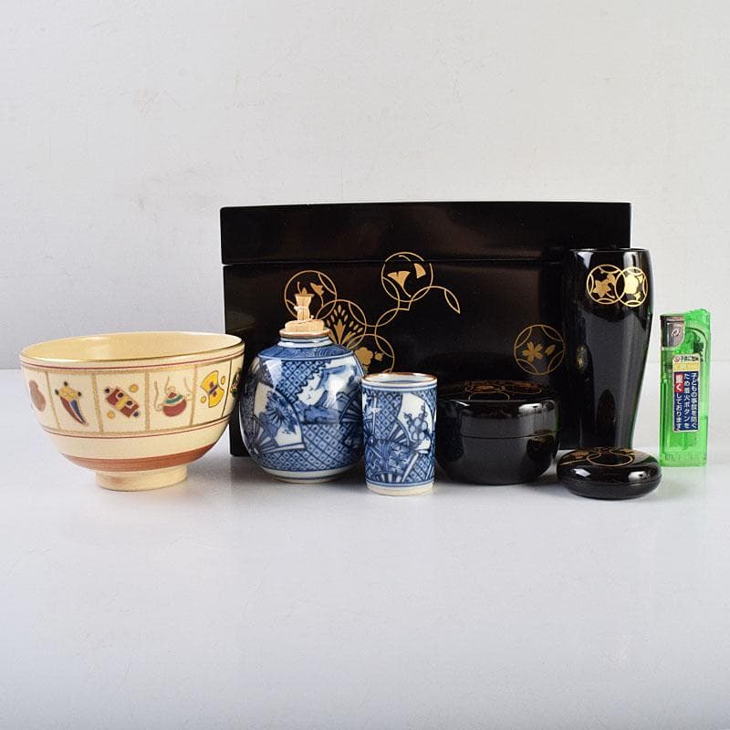 茶道具　岡本陽斉作　七宝蒔絵　利休茶箱　棗など　八点一式　共箱　U　R9271B