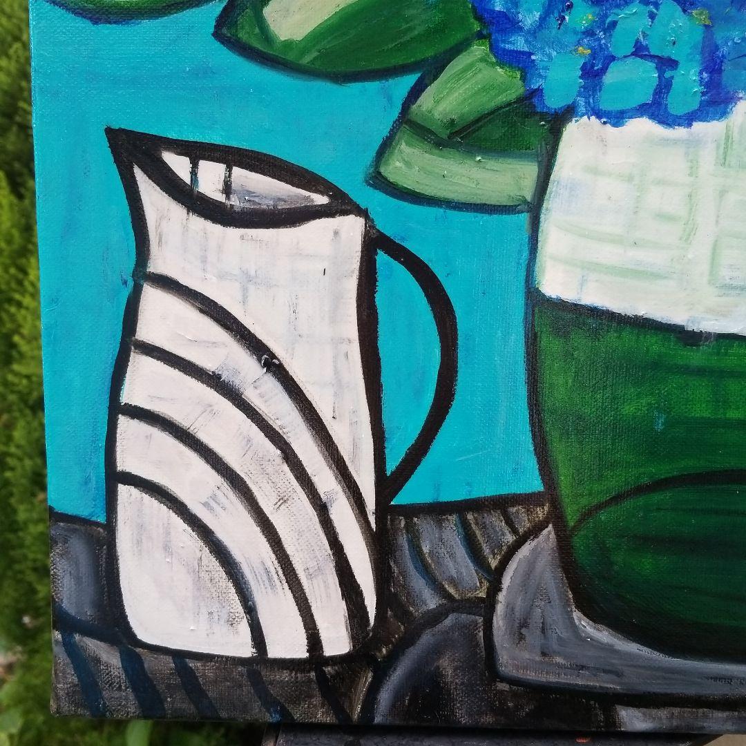 油絵　専用　青いあじさいを差したテーブル