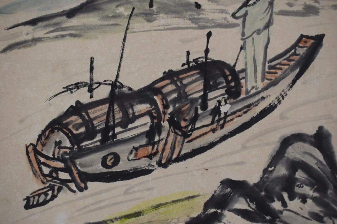 【真作】西晴雲/大河渡船図/山水図/横物/掛軸☆宝船☆Z-524