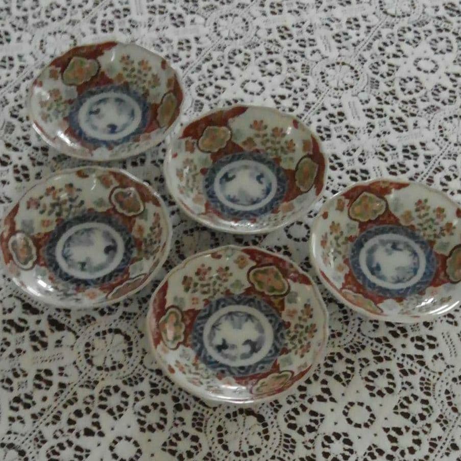 古伊万里上手　染錦窓絵草花紋皿五枚揃え