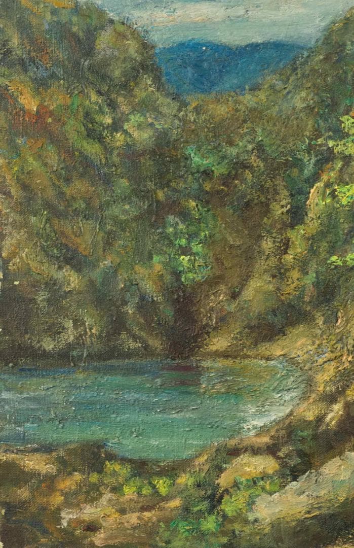 梅原龍三郎　油彩　肉筆『緑湖』サイン　裏サイン(印譜)　F6号　額無　z29