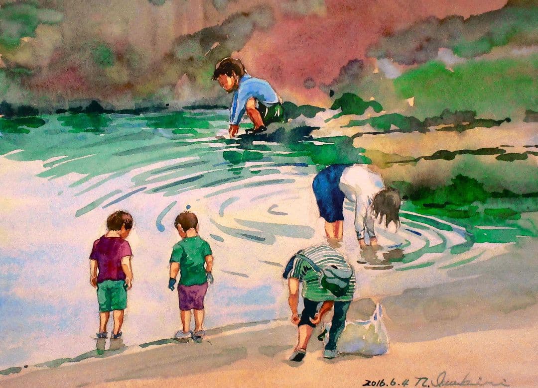 水彩画 子供たちと水遊び 2016年F6サイズ 額装済み