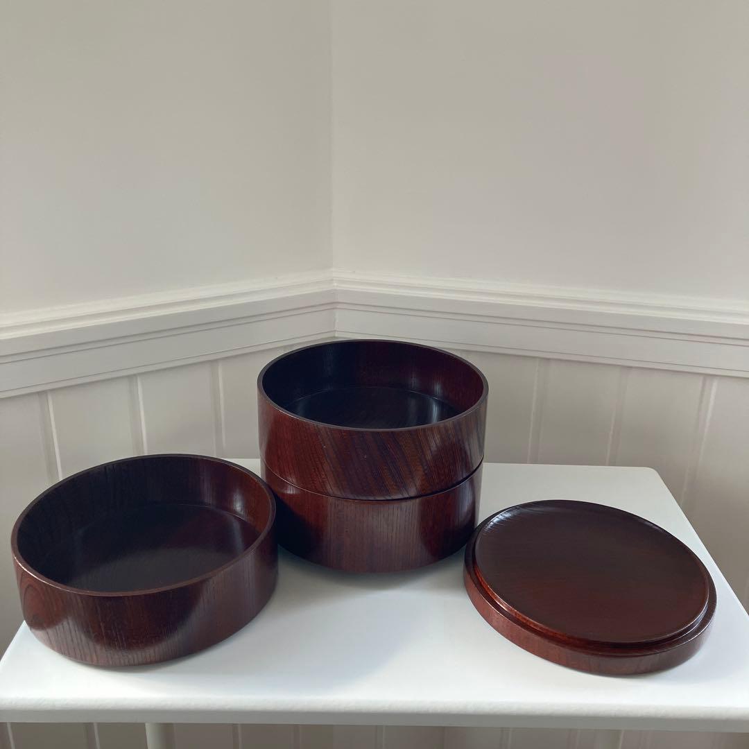 樹齢200年奥￼飛騨の天然木工芸品　乾燥4年ケヤキ重箱 3段 ダークブラウン