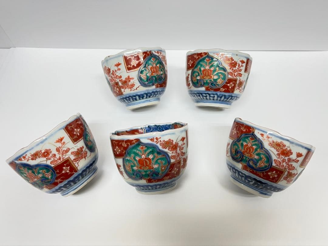 時代物 大明年製 蕎麦猪口 染付 金彩色絵 5客揃