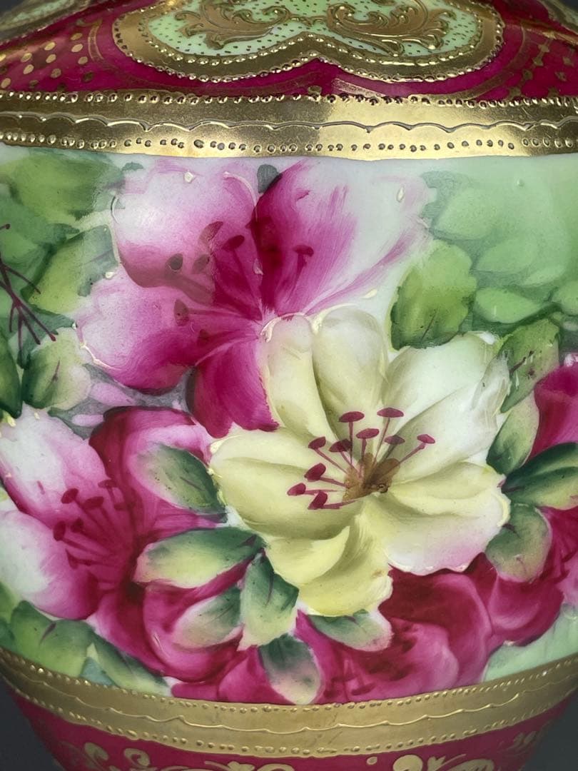 オールドニッポン ２２㎝ アールヌーボー様式 薔薇紋 花瓶 バラ つつじ アザレ