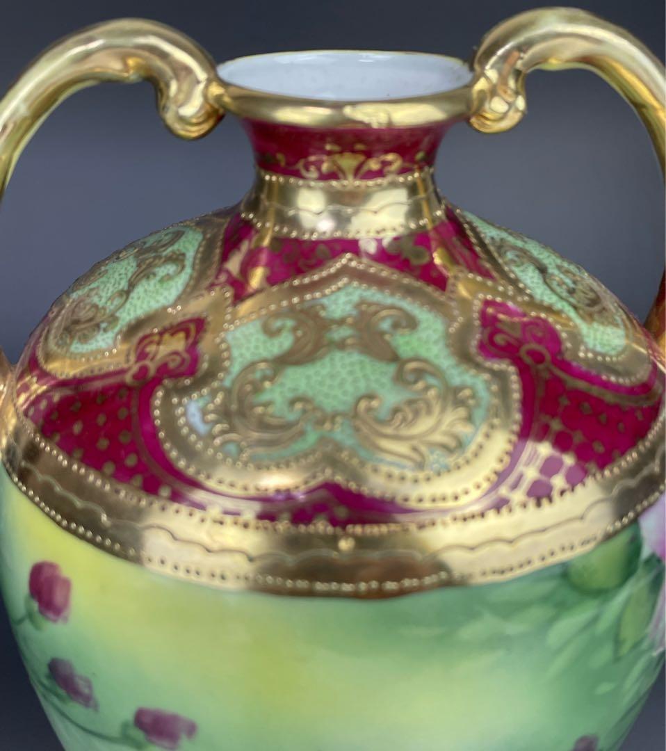 オールドニッポン ２２㎝ アールヌーボー様式 薔薇紋 花瓶 バラ つつじ アザレ