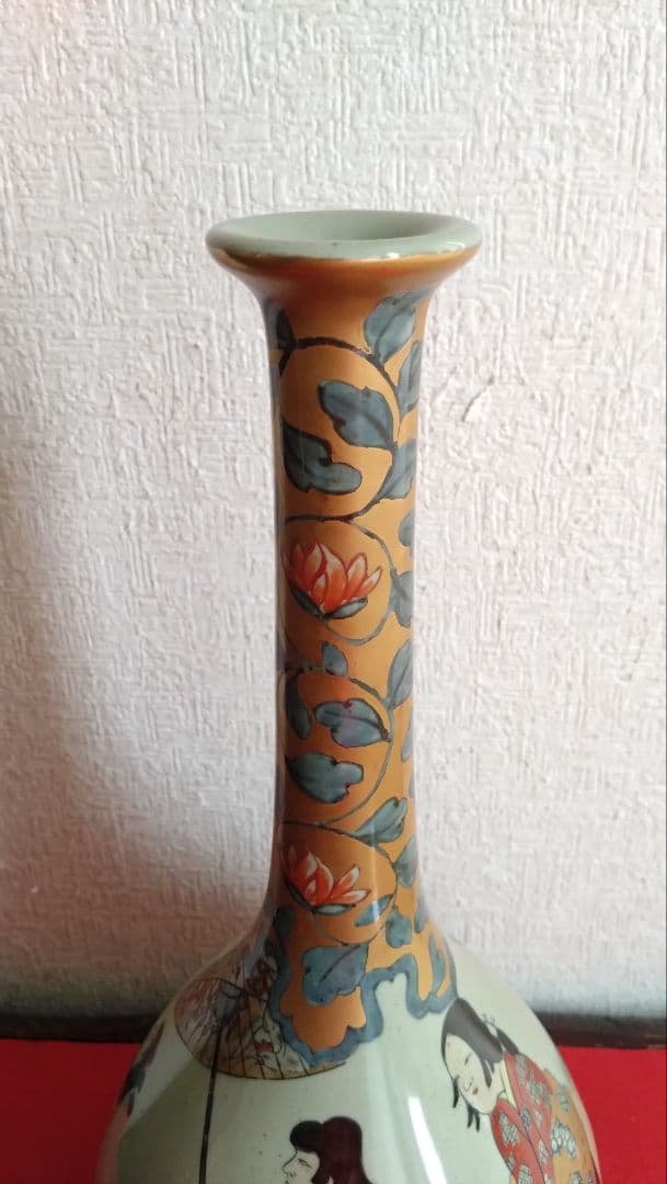 円左エ門　鶴首瓶　花瓶　有田焼　古伊万里　染錦