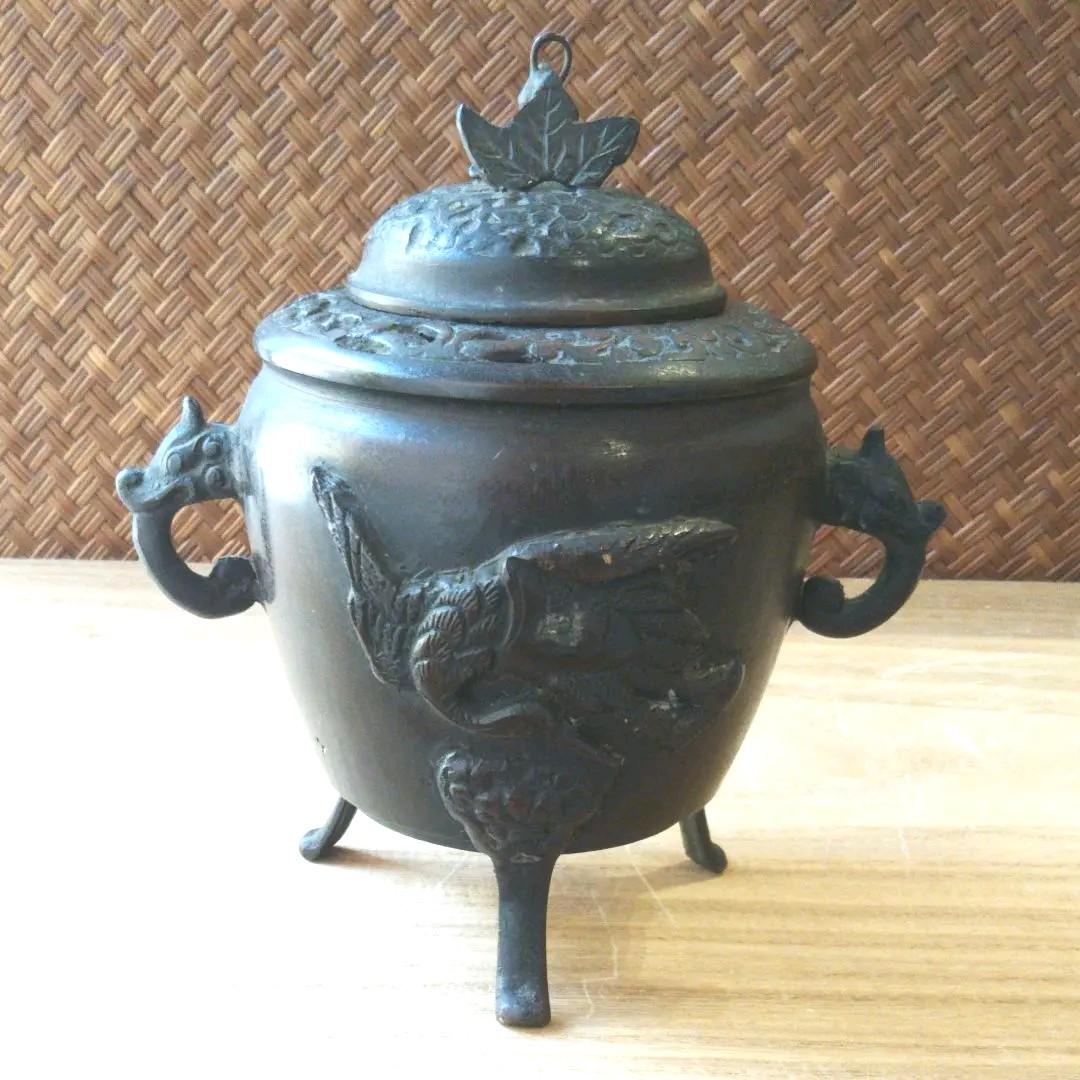 香炉 銅製  一角獣耳  鶴彫り