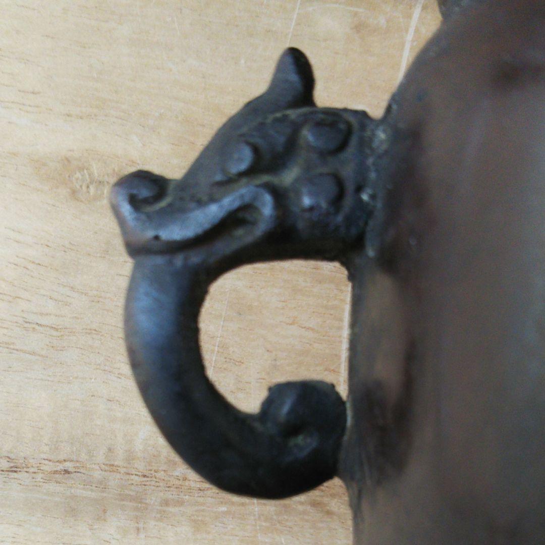 香炉 銅製  一角獣耳  鶴彫り
