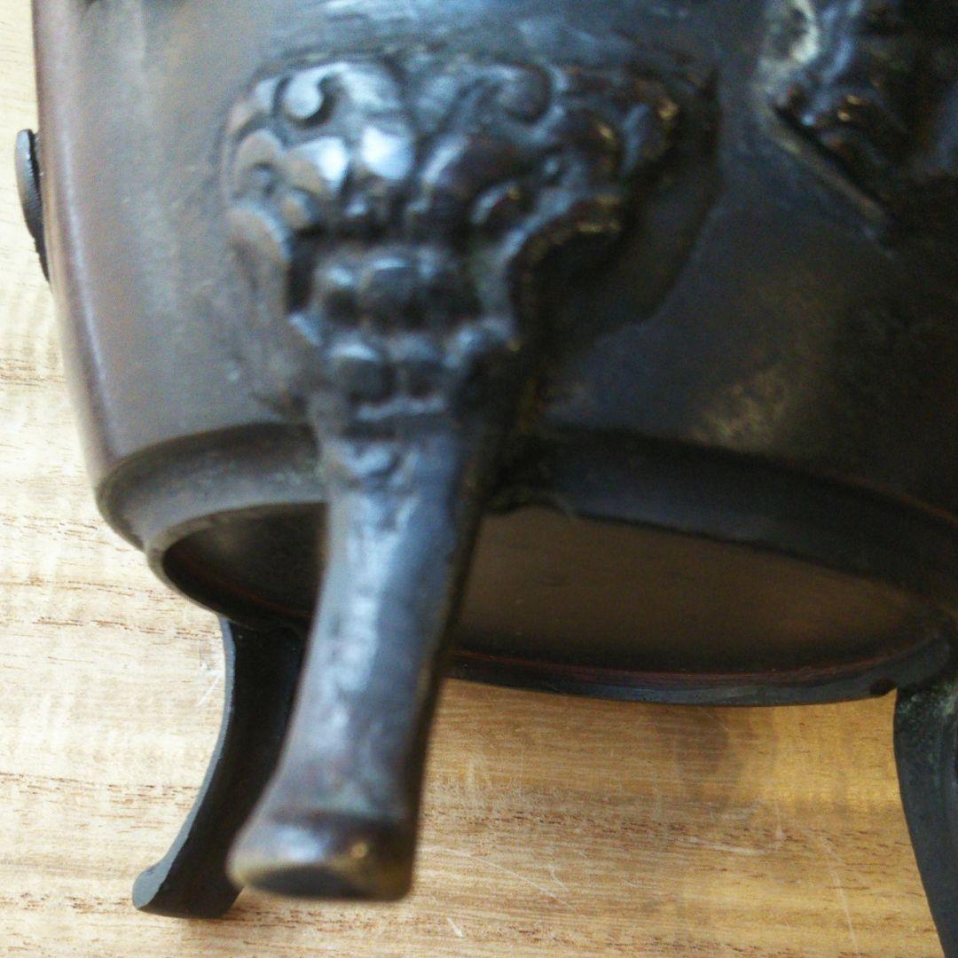 香炉 銅製  一角獣耳  鶴彫り