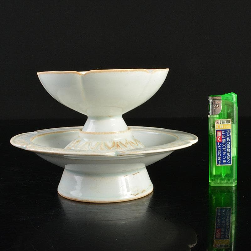 中国　影青　蓮弁刻　輪花盃　盃台　M　7291E