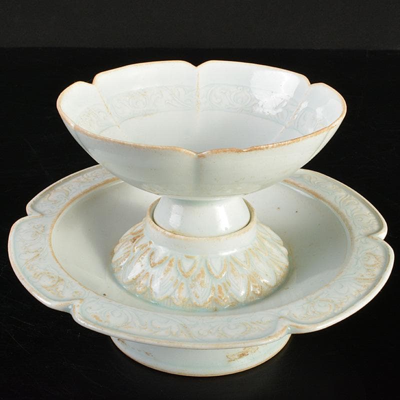 中国　影青　蓮弁刻　輪花盃　盃台　M　7291E