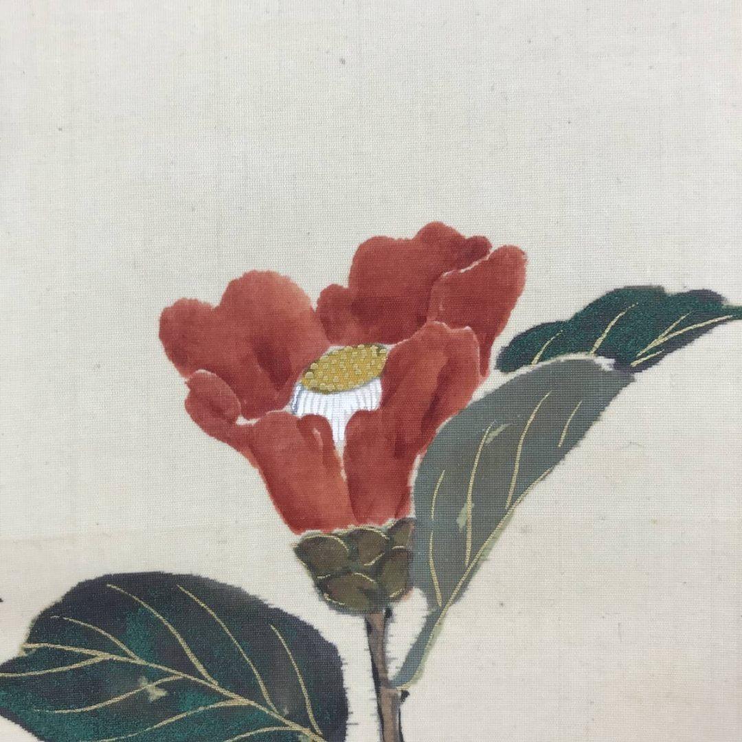 真作/田中秀鳳/青緑椿図/画賛/花図/冬の掛軸/掛軸/名家伝来/AK-393