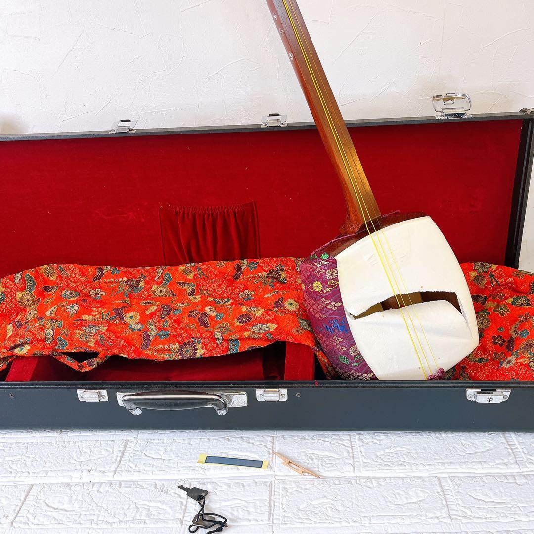 【現状品】三味線 ケース付き 和楽器 皮破れあり 紅木 紫檀