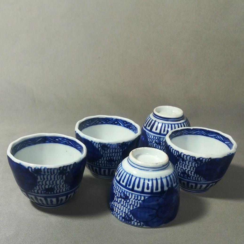 古い　そば猪口　微塵粉　みじんこ　染付　そば猪口　５客