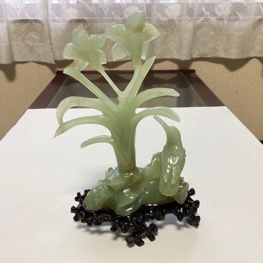 翡翠 置物 オブジェ 花 鳥 彫刻 工芸品 美術品 骨董 レトロ