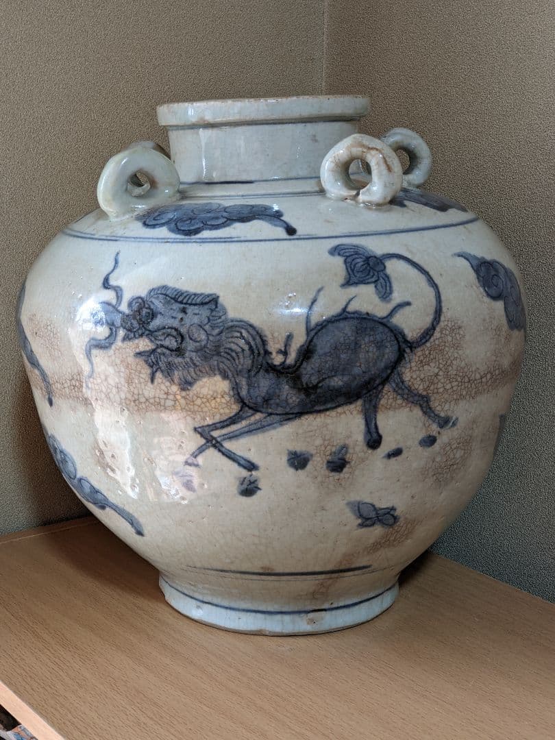 ⭐中国古陶磁 明時代末 染付 麒麟鳥紋様 四耳壺 古玩 古美術品 骨董品