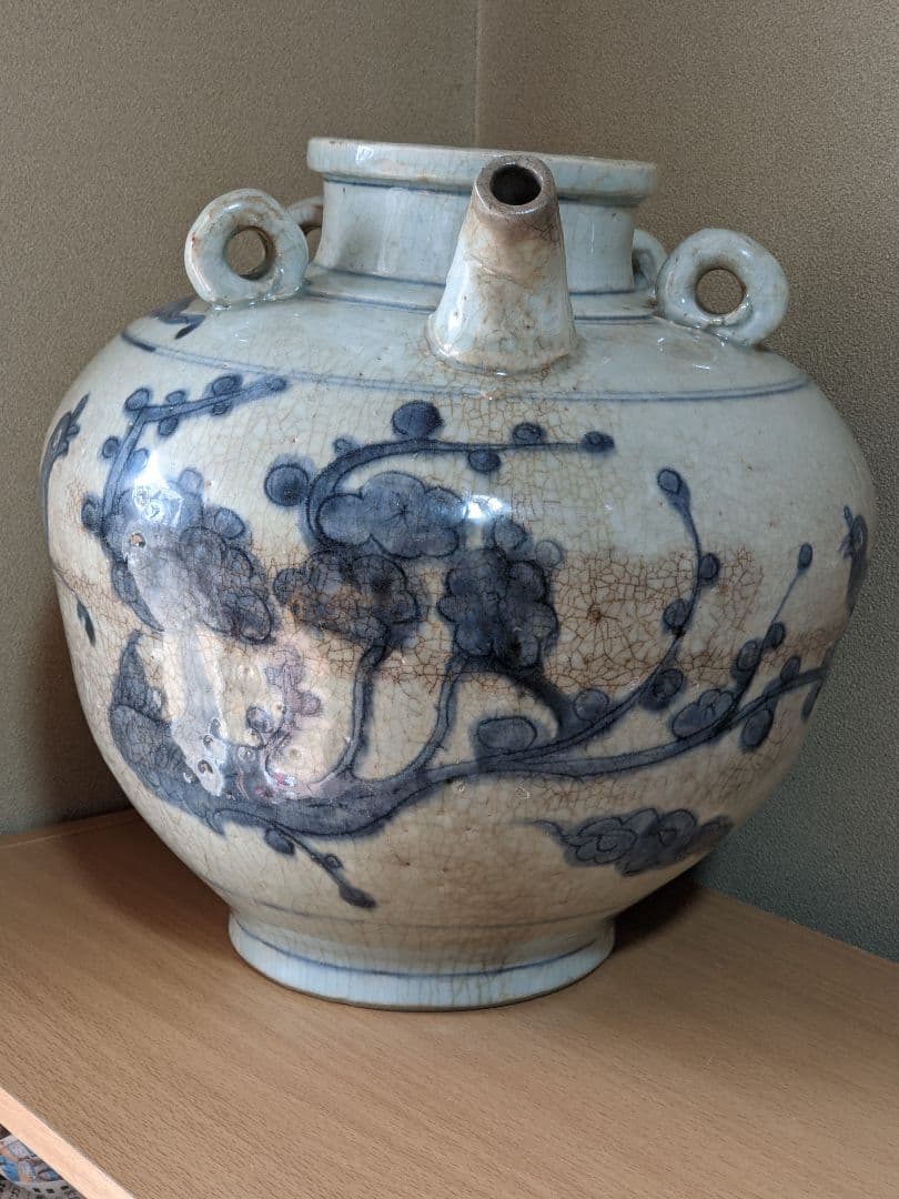 ⭐中国古陶磁 明時代末 染付 麒麟鳥紋様 四耳壺 古玩 古美術品 骨董品