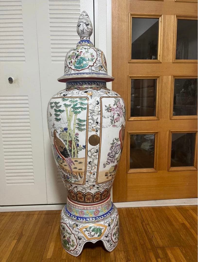【セール】極上品　希少★飾壺 蓋付き壺 沈香壺 金襴極彩色 花鳥高さ約130cm