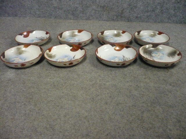 九谷焼 鷺 水仙 色絵 手塩皿 8枚 [B31369]