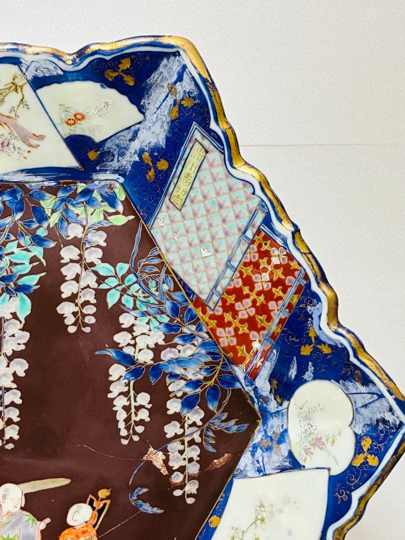 お値下❌ 明治初期 香蘭社 色絵褐地藤絵人物文 ブラックホーソン六角大皿