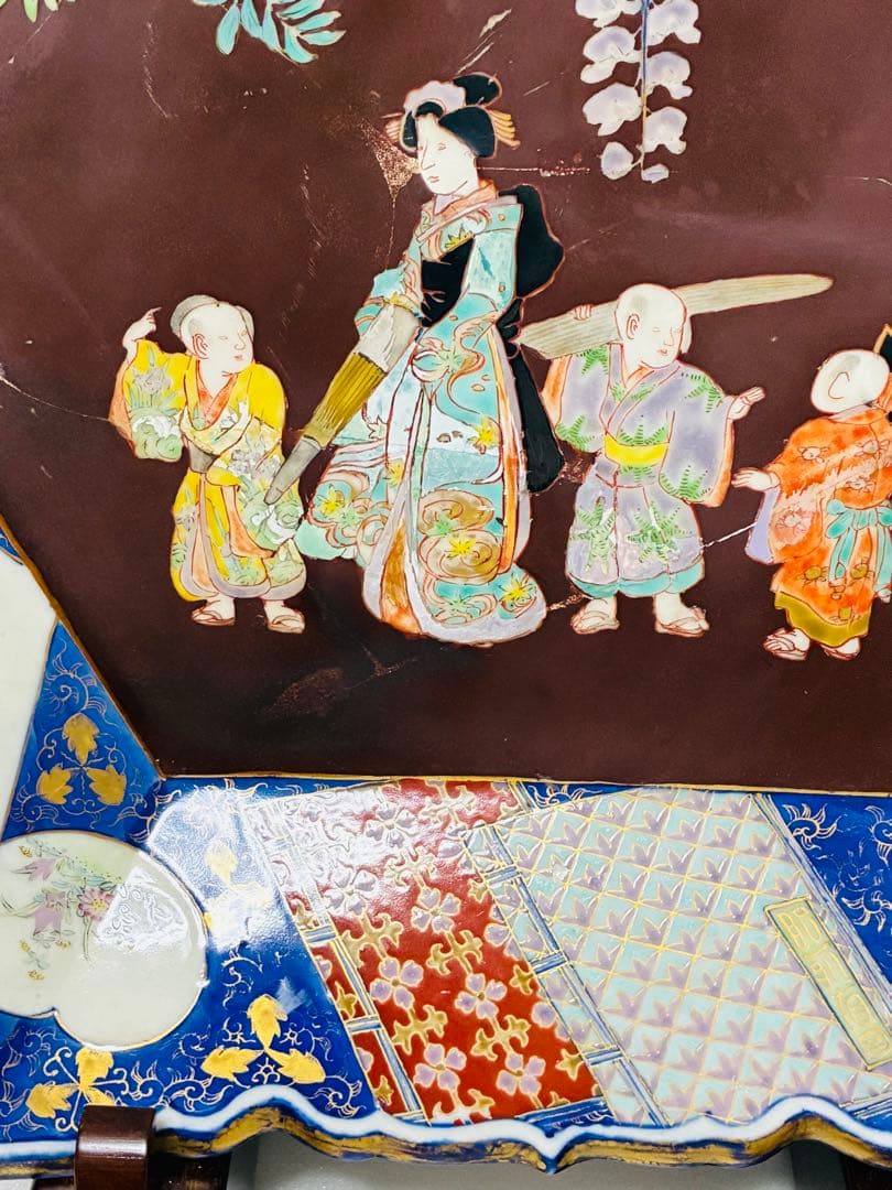 お値下❌ 明治初期 香蘭社 色絵褐地藤絵人物文 ブラックホーソン六角大皿