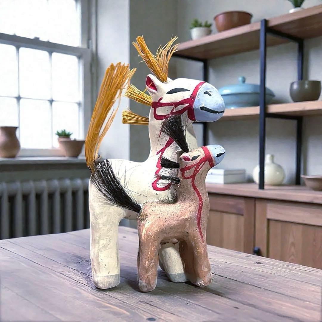 古玩 青森県郷土玩具　親子馬　手びねり土人形　午年干支飾り　民藝　廃絶品