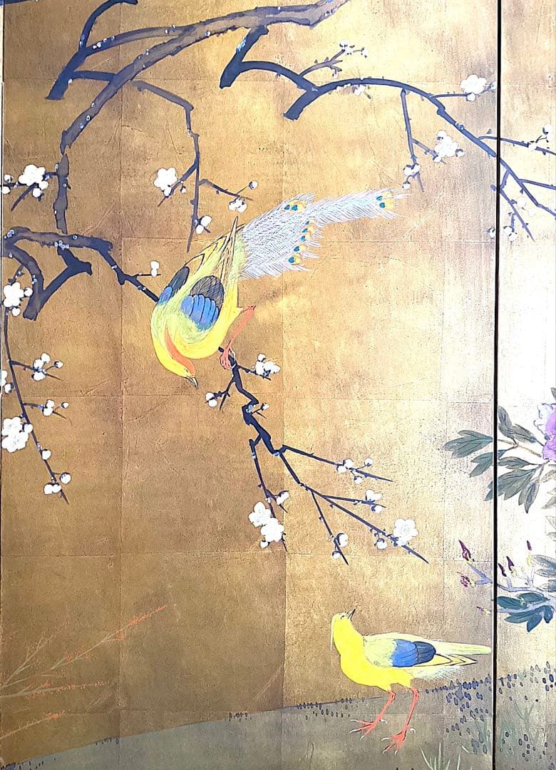 四つ折り屏風　日本画　金箔彩色　白梅に金鶏鳥