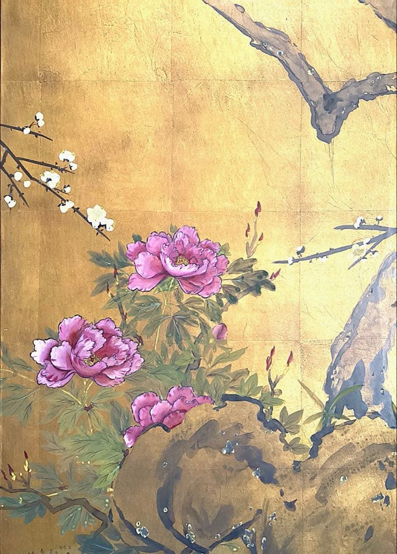 四つ折り屏風　日本画　金箔彩色　白梅に金鶏鳥