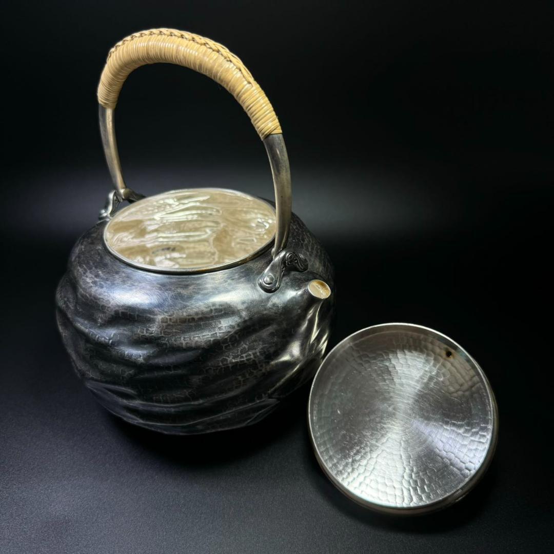 純銀製 金壽堂造 槌目 湯沸 古美術品 銀瓶 煎茶道具 箱付 純銀保証