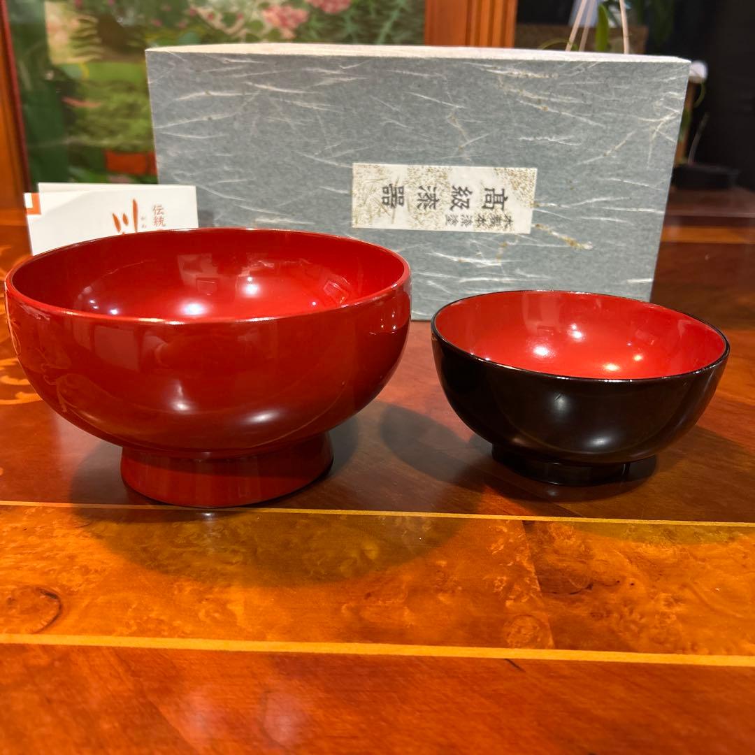 川連漆器、大椀、蕎麦椀、うどん椀、2客セット。