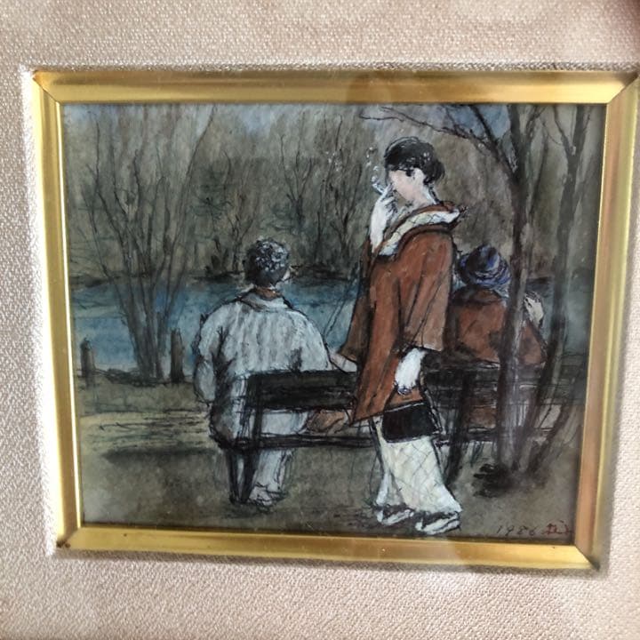 値下げしました‼️和装の女性、湖畔の情景の小品2点　￼