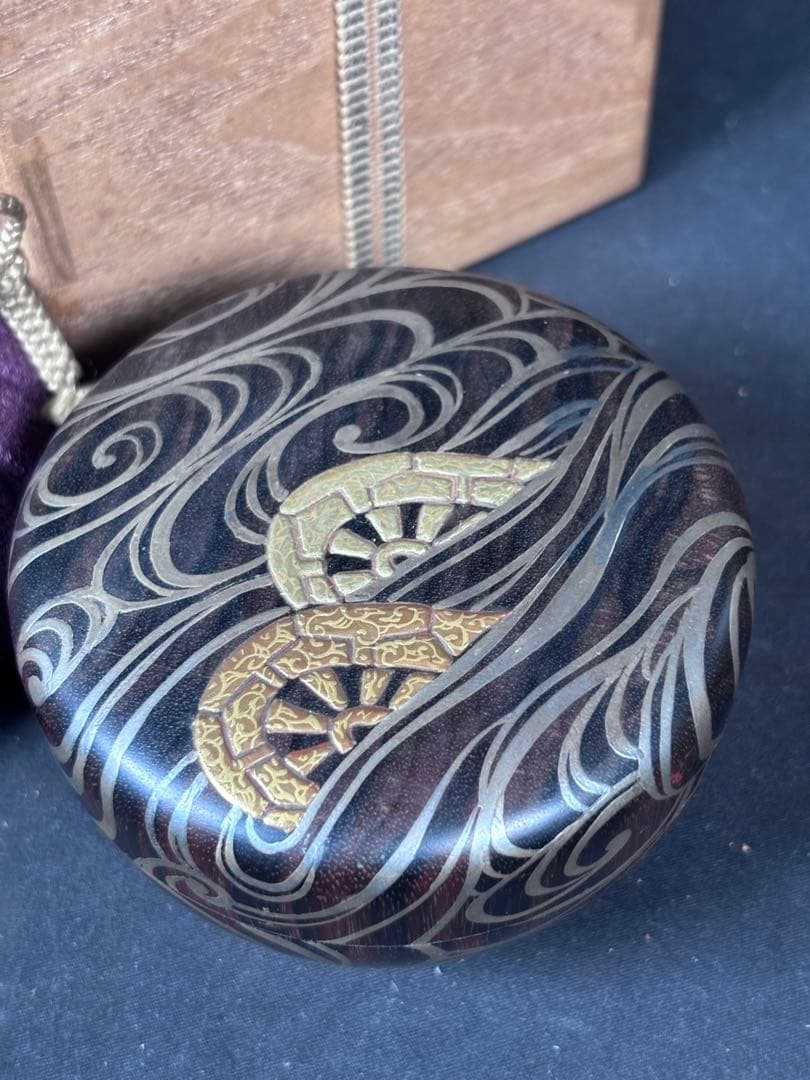 送料無料　棗　平棗　木地　嶋黒檀　黒柿？　和骨董　水車　蒔絵　茶道具　仕覆付き