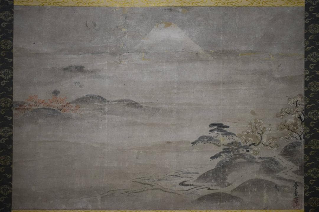 真作/笹山養意/狩野常信門人/富士山水図/布袋屋掛軸HE-573