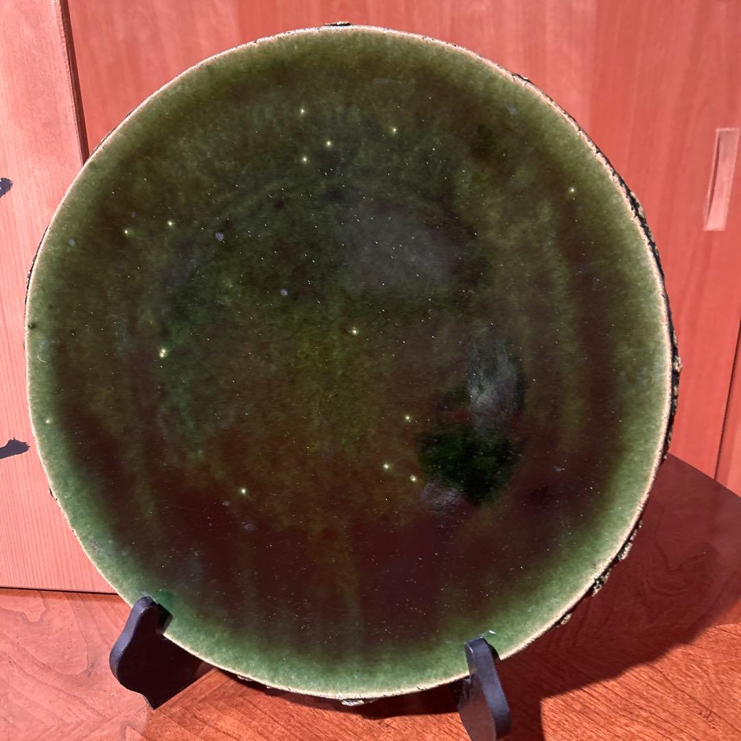 新品◆④織部焼　森脇　文直作　緑色の陶器製丸皿大皿35.5cm