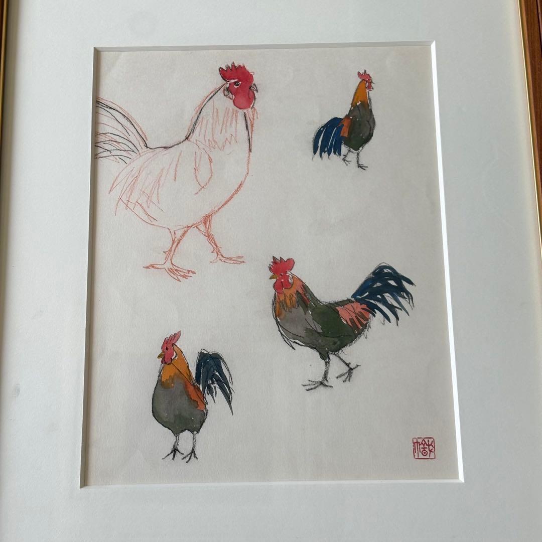 尾山幟 日展用スケッチ 日本画 額装 鶏 額装 日展評議員 B