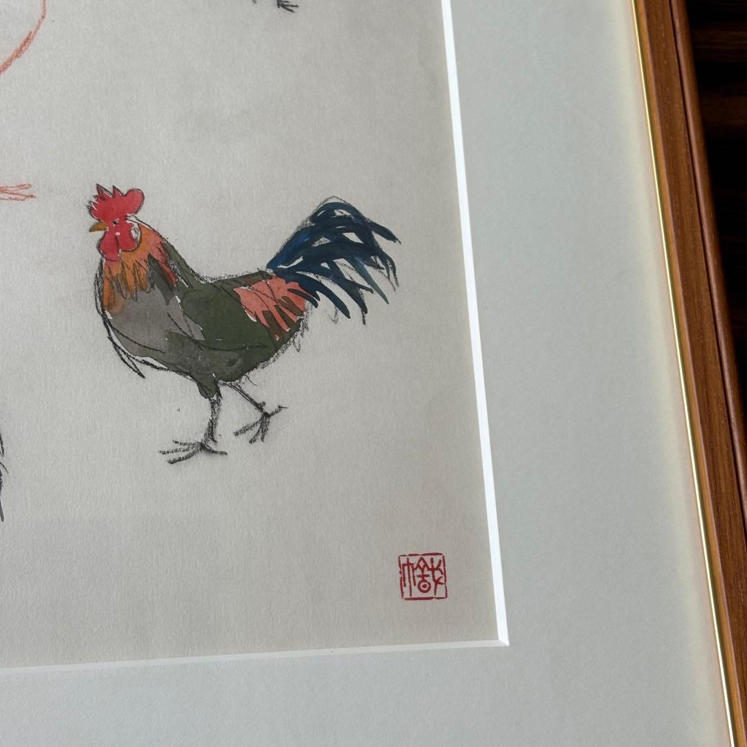 尾山幟 日展用スケッチ 日本画 額装 鶏 額装 日展評議員 B
