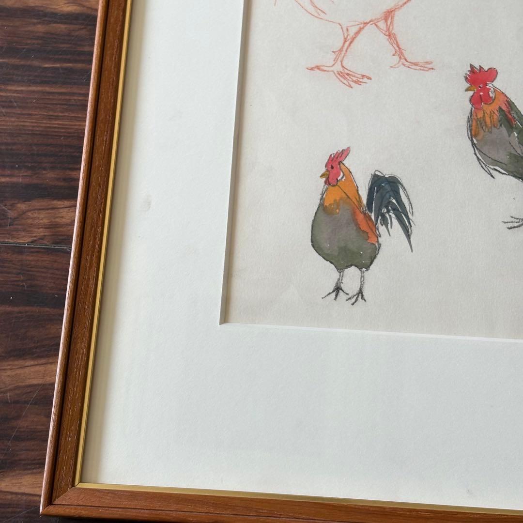 尾山幟 日展用スケッチ 日本画 額装 鶏 額装 日展評議員 B