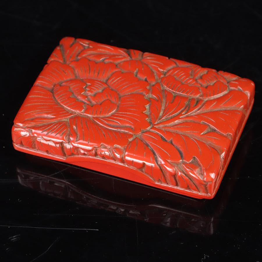 Y3272-5 彫師 渡辺明泉 朱塗 山水文 煙草盆組揃 共箱　　MM