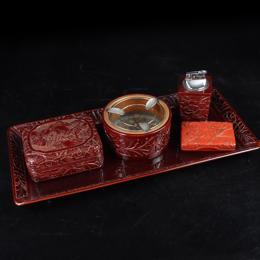 Y3272-5 彫師 渡辺明泉 朱塗 山水文 煙草盆組揃 共箱　　MM