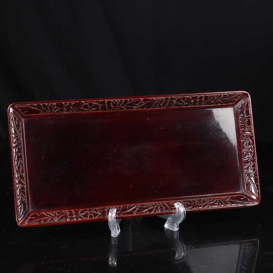 Y3272-5 彫師 渡辺明泉 朱塗 山水文 煙草盆組揃 共箱　　MM