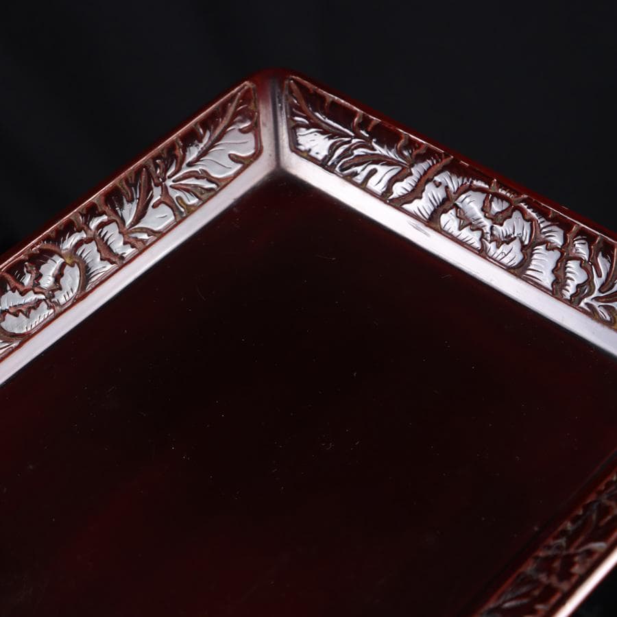 Y3272-5 彫師 渡辺明泉 朱塗 山水文 煙草盆組揃 共箱　　MM