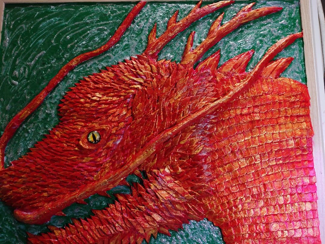 龍神 開運 和紙切り絵絵画）（赤龍 緑）【龍専門店ANDYオリジナル作品】